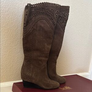 Sofft Brown Over the Knee Boots with Decorative Perforations